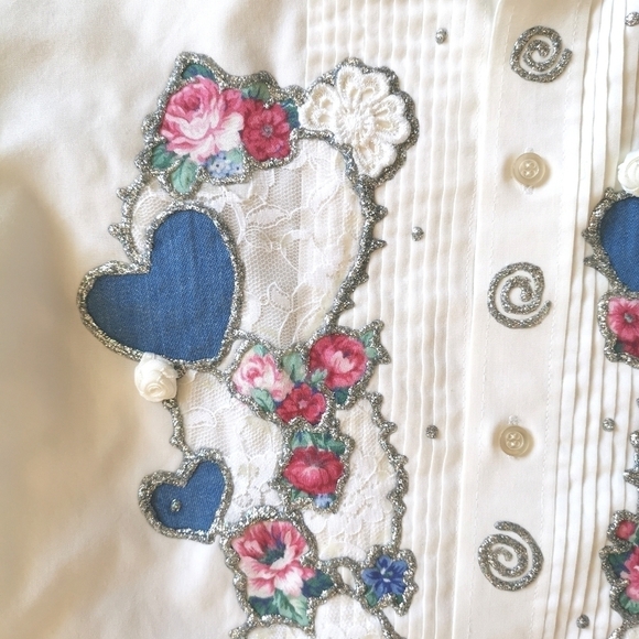 VINTAGE White top blouse tuxedo shirt Artisan - Picture 4 of 8